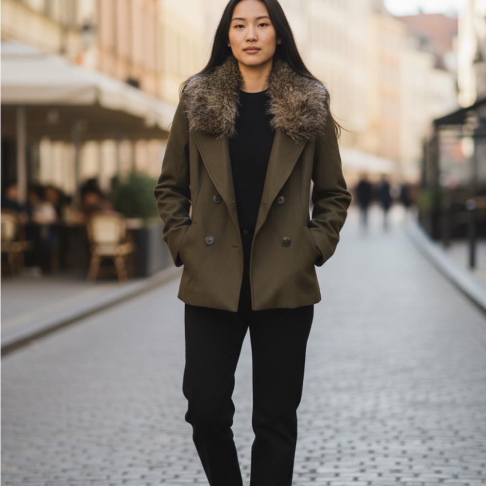 Club Monaco Khaki Pea Coat with Faux Fur Collar
